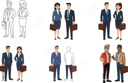 Business character illustration set—line to full color, male and female pairs, briefcases—vector sketch, workplace attire, design progression, team identity