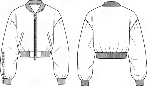 Bomber jacket technical drawing—zip front, ribbed collar, welt pockets—vector fashion sketch, garment design, outerwear blueprint, streetwear silhouette