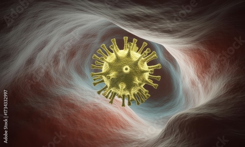 A yellow spiky pathogen floats within a blood vessel-like structure, with red and blue hues