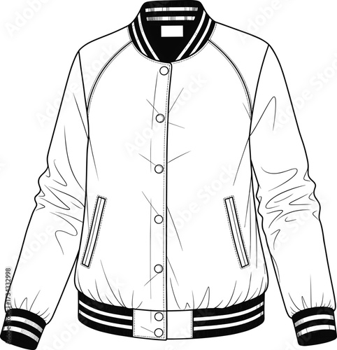Bomber jacket technical drawing—striped ribbing, button closure, slit pockets—vector fashion sketch, garment design, outerwear blueprint, streetwear construction