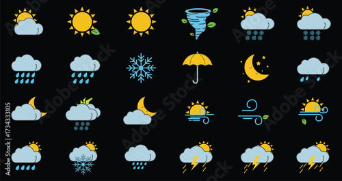 weather,icons,set flat vector set of various small weather icons including sun rain snow cloud and moon