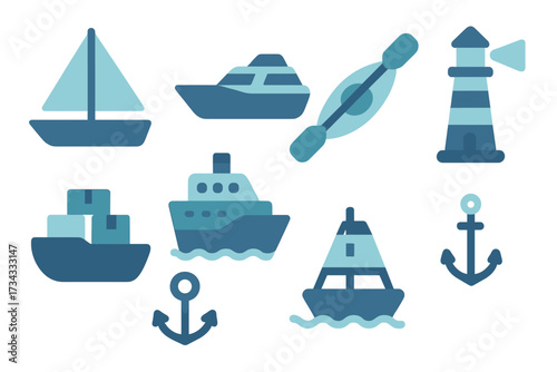Diverse collection of marine and nautical transportation icons featuring boats, ships, lighthouse, buoy, and anchors