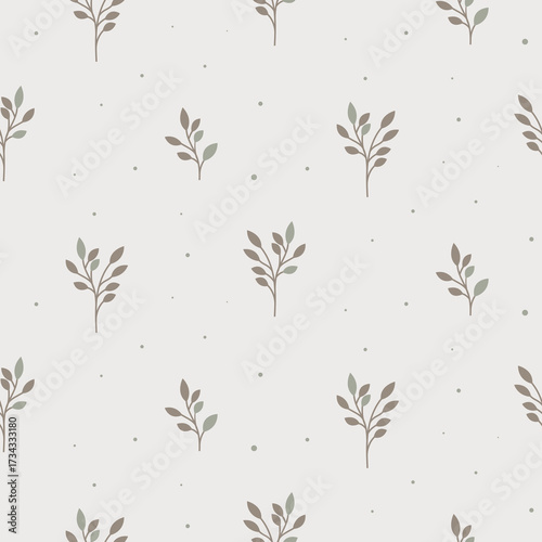Plant branches pattern print cream green background with leaves. Farmhouse backdrop and floral bunches fall style