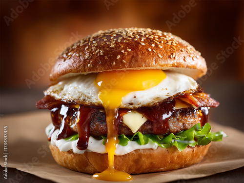 Burger juicy beef, melted cheese, crispy bacon, creamy sauce, and egg on top.