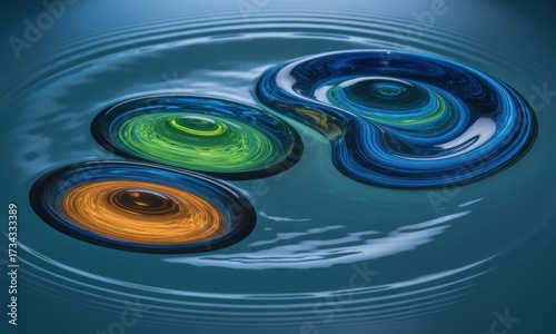 Abstract depiction of spiraling, colorful orbs floating on a reflective, watery surface