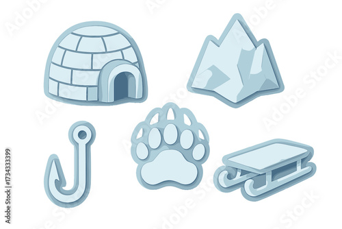 Arctic winter season elements featuring igloo, snow mountain, bear paw print, sled, and fishing hook