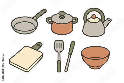 Essential kitchen cookware and utensils for home cooking and food preparation activities, a comprehensive collection of culinary tools