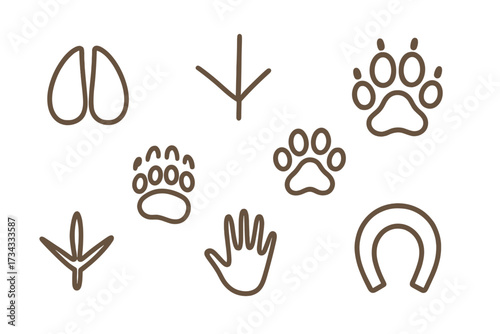 Variety of animal paw prints, bird tracks, hoof prints, and human handprint outlines in a simple line art style