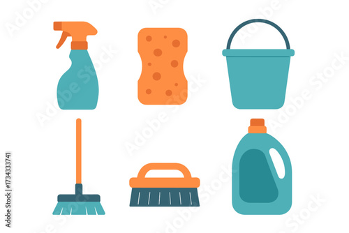 Set of essential household cleaning tools and equipment for maintaining a tidy and hygienic home environment and daily chores