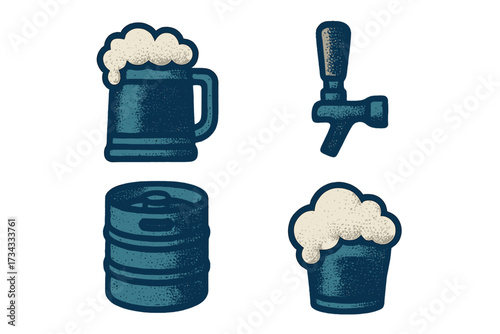 Assortment of beer themed elements with a frothy mug, a tap, a full keg, and a glass of beer