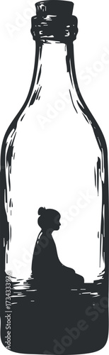 A creative illustration of a silhouette inside a bottle symbolizing isolation and introspection..