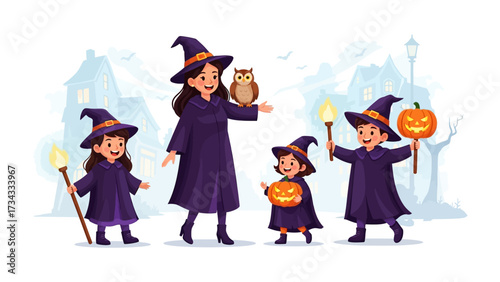 Spooky Spellbound Squad: A charming illustration captures a witchy family embracing Halloween fun, complete with pointed hats, enchanting accessories, and a touch of spooky delight.
