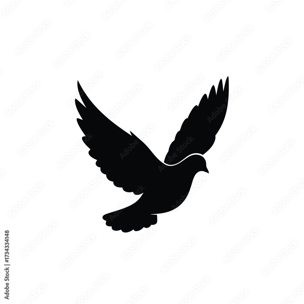 Obraz premium A black silhouette of a dove in flight isolated on white background silhouette