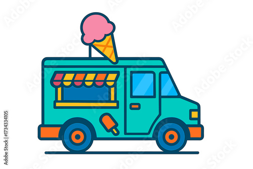 Colorful ice cream truck with a large cone on top, ready to serve sweet frozen treats during summer