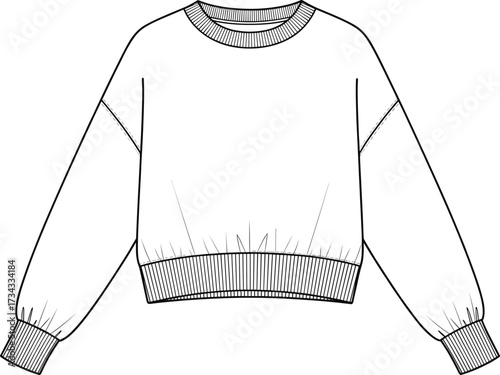 Cropped sweatshirt technical drawing—crew neck, dropped shoulders, voluminous sleeves—vector fashion sketch, garment design, casualwear blueprint, textile illustration