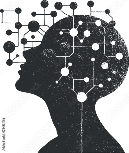 Abstract illustration of a human head with interconnected nodes symbolizing thoughts and creativity..