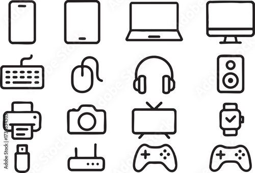 Icon sheet with 15 unique minimal line icons, evenly spaced on white background, bold deep black outlines, no color, no shading, no gradient, clean consistent style, each icon different.