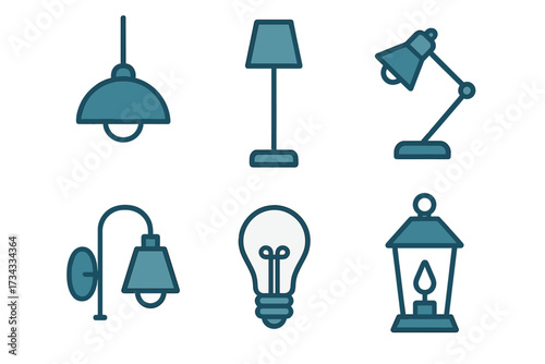 Set of various lighting fixtures including ceiling lamps, floor lamps, desk lamps, wall sconces, light bulbs, and lanterns for interior design and illumination concepts