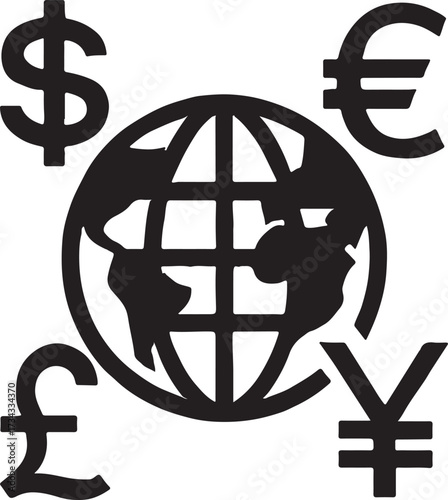 Global currency symbols surrounding a stylized earth globe representing international finance and worldwide economic exchange