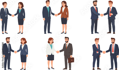 Handshake character illustration—business attire, male and female pairs, professional interaction—vector people sketch, workplace diversity, social communication, corporate gesture
