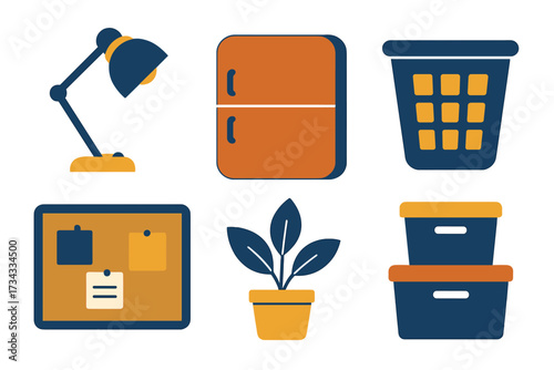 Modern home and office essentials: desk lamp, refrigerator, laundry basket, cork board, potted plant, storage boxes