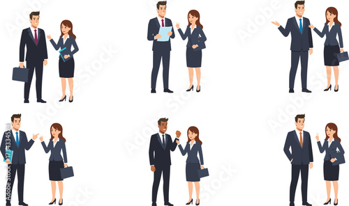 Handshake character illustration—business attire, male and female pairs, professional interaction—vector people sketch, workplace diversity, social communication, teamwork
