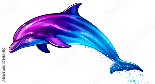 Illustration of dolphin jumping out of water with vibrant purple and blue colors, isolated on transparent background