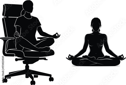 Silhouettes of people meditating, one in office chair, meditation, yoga, silhouette, people, office chair, lotus pose, zen, mindfulness, relaxation, wellness, healthy lifestyle, concentration, balance