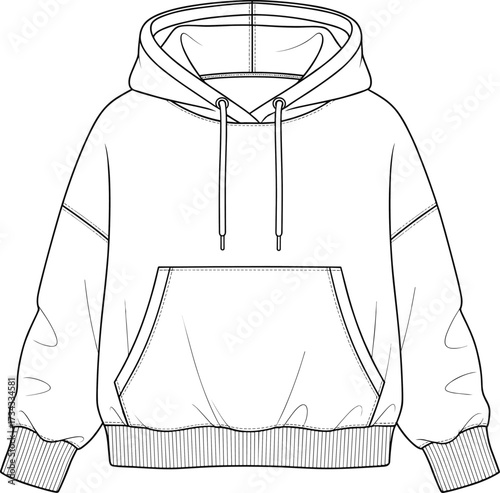 Hooded sweatshirt technical drawing—kangaroo pocket, drawstring hood, ribbed cuffs—vector fashion sketch, garment design, casualwear blueprint, apparel illustration