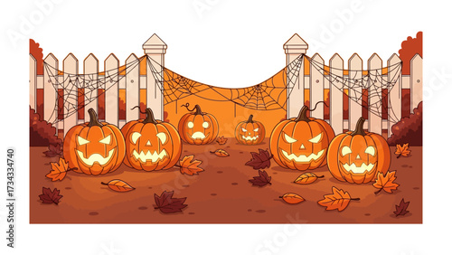 Halloween Pumpkins in Autumn: A charming scene showcasing carved pumpkin jack-o'-lanterns, positioned on a backdrop of a rustic fence and falling leaves, all under a darkening sky.