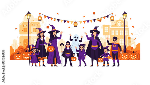 Halloween Gathering: A vibrant illustration capturing a gathering of people in playful Halloween costumes, radiating festive spirit and creating a joyful atmosphere.