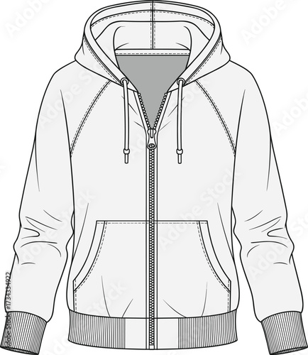Hooded zip-up sweatshirt technical drawing—raglan sleeves, kangaroo pockets, ribbed cuffs—vector fashion sketch, garment design, casualwear blueprint