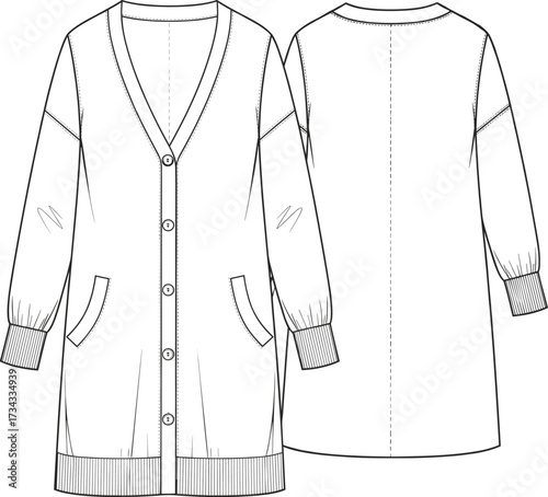 Long cardigan technical drawing—front and back views, V-neck, patch pockets—vector fashion sketch, knitwear design, garment construction, cozywear blueprint