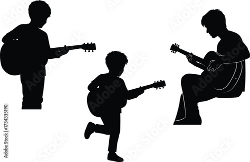 Silhouettes of three people playing acoustic guitars, guitar, acoustic guitar, music, musician, playing, silhouette, people, man, boy, child, young, adult, standing, sitting, walking, performing, inst