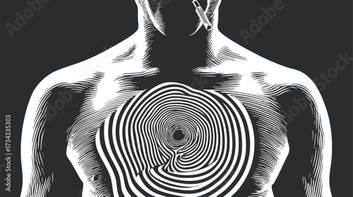 An artistic representation of a human torso featuring a spiral pattern symbolizing stress and addiction..
