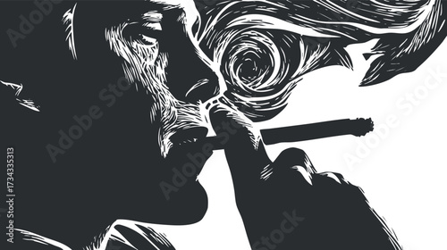 Artistic silhouette of a man smoking a cigarette with swirling smoke in black and white..