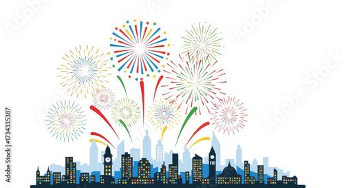 City skyline with colorful fireworks in night sky celebration  