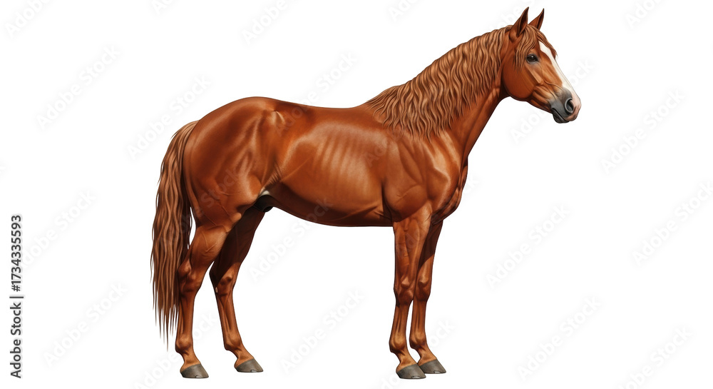 Obraz premium Isolated Horse with Chestnut Coat Standing in Profile with Mane and Tail Flowing Freely