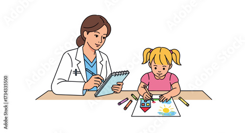 Pediatric doctor observing young girl drawing with crayons  