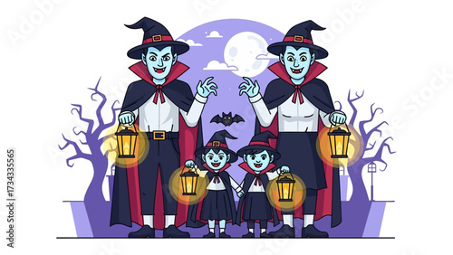 Spooky Halloween: A family dressed up as vampires ready to enjoy halloween, night with spooky bats and the full moon, ready for adventure.