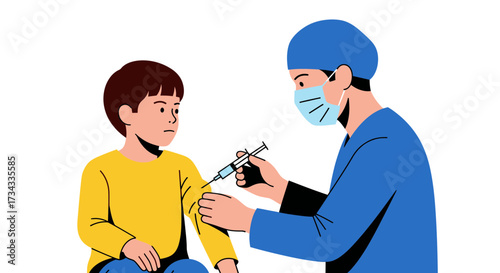 Doctor administering vaccine to young boy in medical setting  