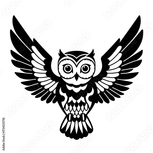 Black and white owl illustration with wings spread with isolated on white background.
