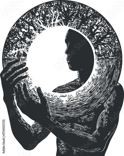 An artistic representation of a human silhouette surrounded by nature in a circular design..