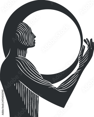 Abstract silhouette of a figure holding a circle, representing harmony and balance in design..
