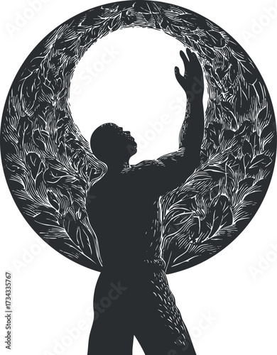 A silhouette of a man with hands raised inside a circular floral design representing nature and spirituality..