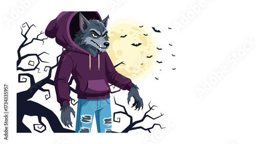 Werewolf under the moonlight: In a haunting display, a werewolf, a mystical creature, stands amidst spooky bare branches, under a large full moon with a flock of flying bat.