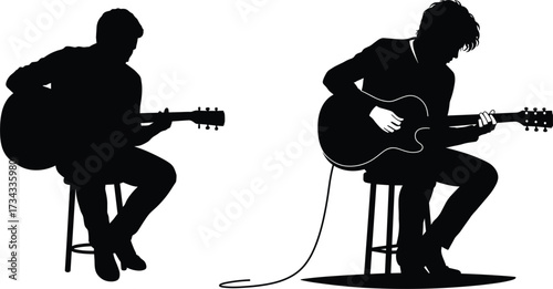 Silhouettes of two men playing acoustic guitar sitting on stools guitar, acoustic, rock, rhythm, artist, sitting, passion, performer, sound, skill, stool, rehearsal, musician, performance, illustratio