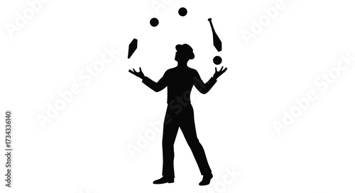 A performer juggles three objects with artistic flair black silhouette