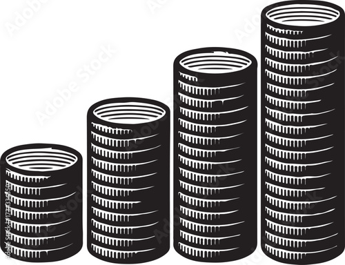 Four stacks of coins in ascending order representing financial growth and increasing wealth on a white background