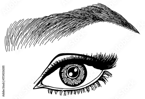 Illustration with woman's eye, eyelashes and eyebrow. Makeup Look. Tattoo design. Logo for brow bar or lash salon.